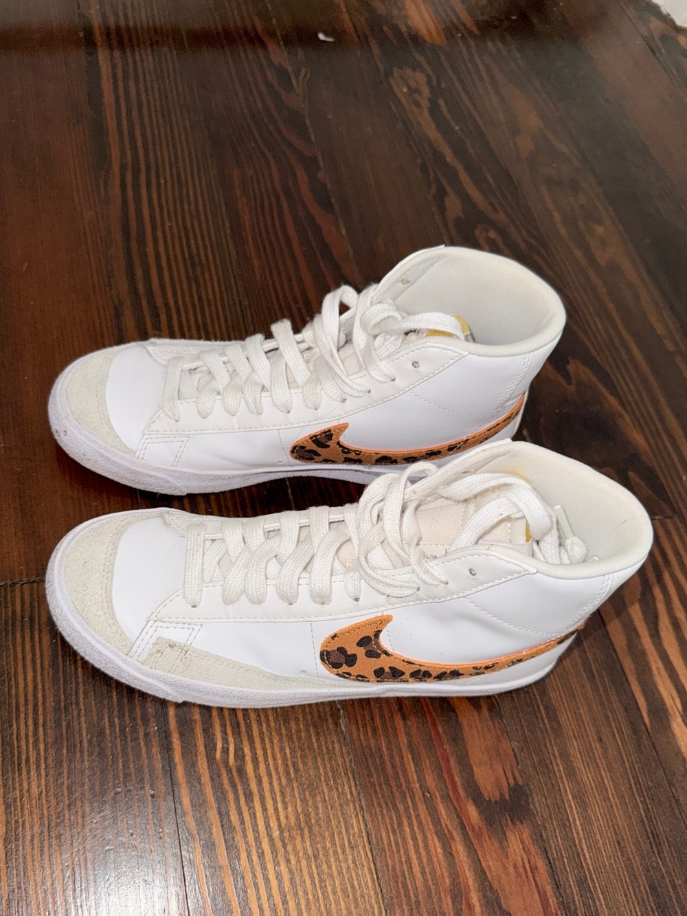 Nike Women’s White Mid Blazers with Leopard-Print Orange Swoosh